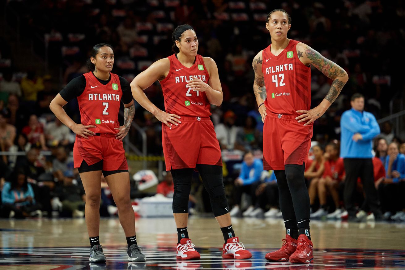 Te-Hina Paopao #2, Brionna Jones #24 and Brittney Griner #42 of the Atlanta Dream look on during the second quarter of the game against the Washington Mystics at Carefirst Arena on May 16, 2025