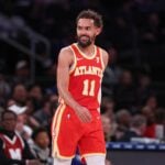 Jan 20, 2025; New York, New York, USA; Atlanta Hawks guard Trae Young (11) reacts after being assessed a technical foul during the second half against the New York Knicks at Madison Square Garden. Mandatory Credit: Vincent Carchietta-Imagn Images