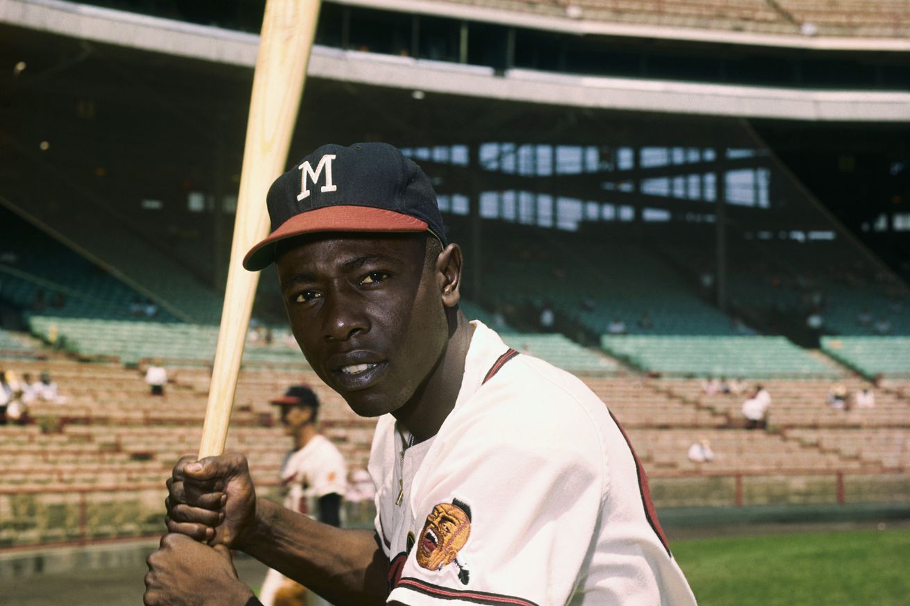 Hank Aaron of the Milwaukee Braves Holding Bat
