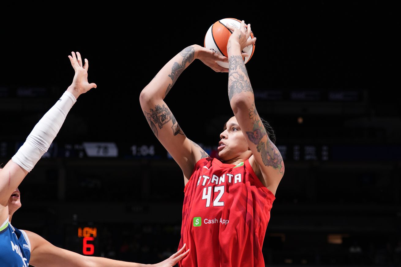 Brittney Griner #42 of the Atlanta Dream shoots the ball during the Dream victory over the Minnesota Lynx on July 27, 2025
